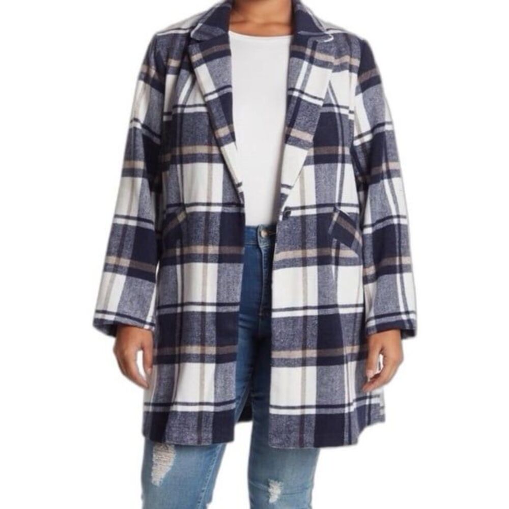 Melloday Blue Plaid Wool Blend Open Front Notch Lapel Coat XL NWOT